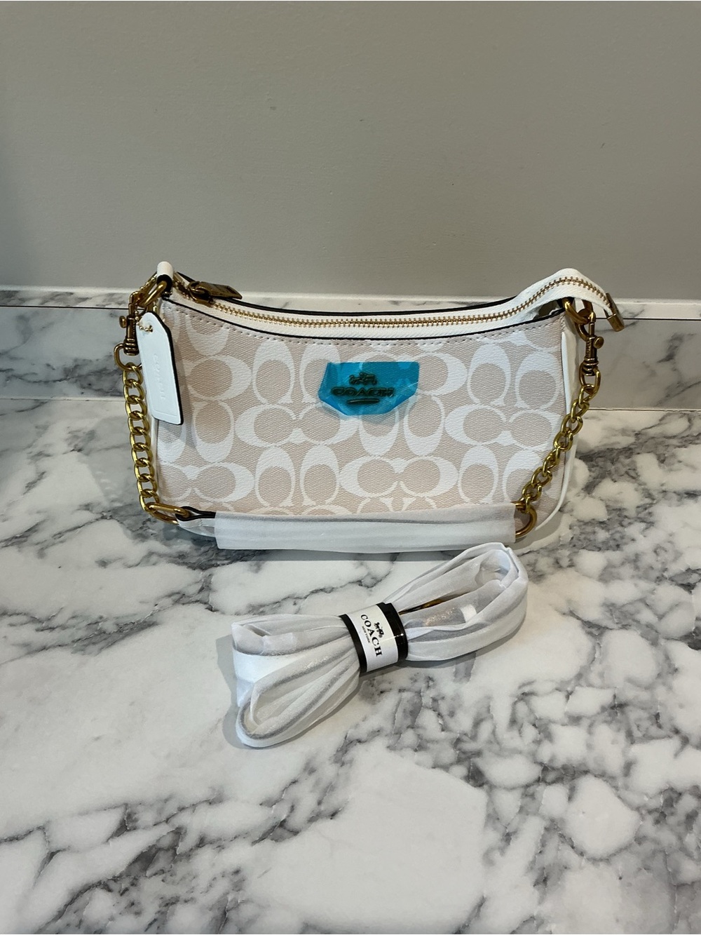 Coach Chalk & White Signature Mini Shoulder Bag with Gold Chain